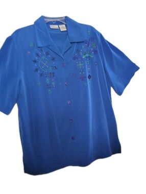 Koret Royal Blue Floral Embroidered Button Blouse Petites Short Sleeve Medium